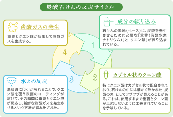 炭酸石けんの反応サイクル
                            1成分の練り込み
                            石けんの素地(ベース)に、炭酸を発生させるために必要な「重曹(炭酸水素ナトリウム)」と「クエン酸」が練り込まれている。
                            2カプセル状のクエン酸
                            特にクエン酸はカプセル状で配合されており、石けんの中には細かく砕かれた「炭酸の素」としてツブツブが見えることがある。これは、使用するまでに重曹とクエン酸が反応しないように工夫されていることを示唆している。
                            3水との反応
                            洗顔時に「水」が触れることで、クエン酸を覆う表面のコーティングが溶けて、その瞬間に重曹とクエン酸が反応し、新鮮な炭酸ガスを発生させるという方法が編み出された。
                            4炭酸ガスの発生
                            重曹とクエン酸が反応して炭酸ガスを生成する。