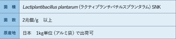 植物性ナノ型乳酸菌SNKの菌種、菌数、原産地をまとめた表